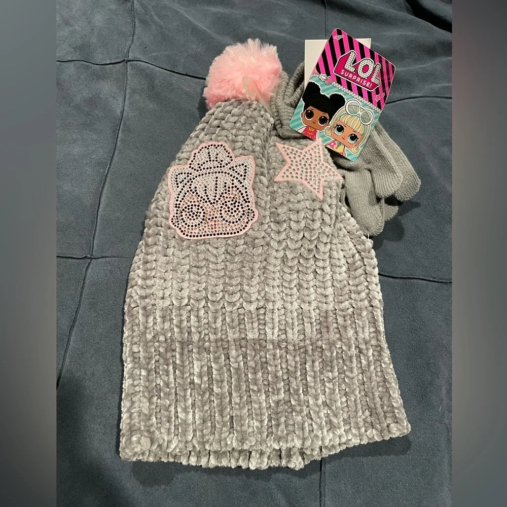 LOL Surprise Soft Chenille Winter Hat &‎ Gloves Set for Girls with pompom